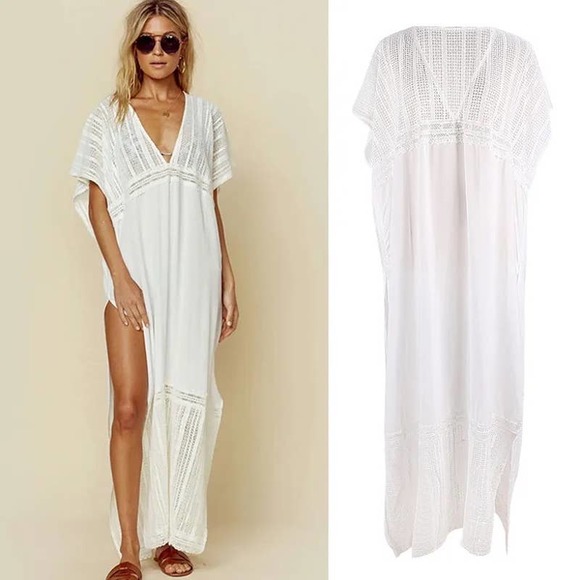 New Bohemian White Caftan Swimsuit Coverup Maxi Dress - Picture 2 of 6